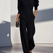 Resim İlkbahar/Yaz Şık Ofis Tarzı Dar Kesim Düz Renk Yuvarlak Yaka Balon Omuz Çantalı ile Fermuarla Delikli Bayan Tulum 