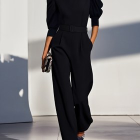 Resim İlkbahar/Yaz Şık Ofis Tarzı Dar Kesim Düz Renk Yuvarlak Yaka Balon Omuz Çantalı ile Fermuarla Delikli Bayan Tulum 