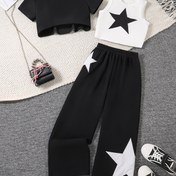 Resim 3'lü Kız Y2K Esintili Günlük Spor Kıyafet: Siyah & Beyaz Yıldızlı Kısa Kollu Crop Top, Uygun Tank & Geniş Paça Pantolon Takımı - Dayanıklı Polyester Karışımı, Bahar/Yaz Sokak Giyimi için Makinede Yıkanabilir, Kızlar için Dış Mekan Kıyafetleri, Mükemmel 