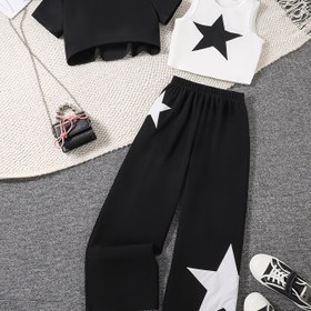 Resim 3'lü Kız Y2K Esintili Günlük Spor Kıyafet: Siyah & Beyaz Yıldızlı Kısa Kollu Crop Top, Uygun Tank & Geniş Paça Pantolon Takımı - Dayanıklı Polyester Karışımı, Bahar/Yaz Sokak Giyimi için Makinede Yıkanabilir, Kızlar için Dış Mekan Kıyafetleri, Mükemmel 