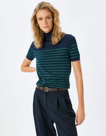 Resim Kısa Kollu Dik Yaka Çizgili Triko Kazak 