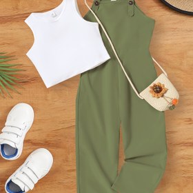 Resim Kızlar İçin Yazlık Moda Seti: Kolsuz Atlet Üst & Askılı Pantolon - Günlük, Makinede Yıkanabilir, Esnek Kumaş, Dış Mekanlar İçin Mükemmel 