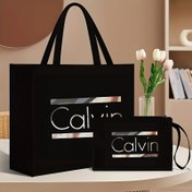Resim Şık İki Parça Kanvas Tote & Kozmetik Çanta Seti "Calvin" Baskılı - Dayanıklı, Genişlikte Manyetik Kapatma, İş ve Okul İçin İdeal 