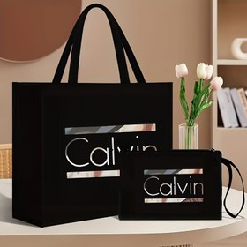 Resim Şık İki Parça Kanvas Tote & Kozmetik Çanta Seti "Calvin" Baskılı - Dayanıklı, Genişlikte Manyetik Kapatma, İş ve Okul İçin İdeal 
