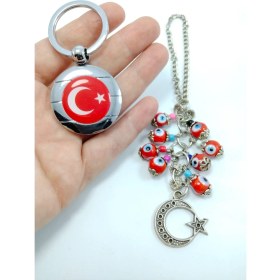 Resim Ennea Art Kırmızı Nazar Boncuğu Bayrak Temalı Araba Dikiz Ayna Süsü + Metal Anahtarlık Ikili Hediyelik Eşya 
