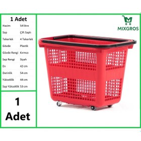 Resim Tekerlekli Plastik Market Alışveriş El Sepeti 54 Litre Kırmızı 1 Adet 