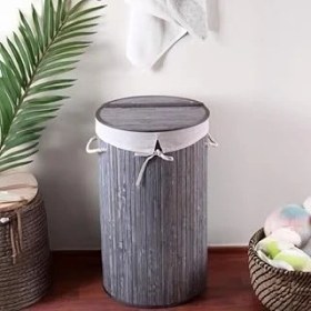 Resim El Yapımı Hasır Katlanır Çamaşır Sepeti Yuvarlak 55 Litre (35CM*35CM*61CM), Doğal Malzemede 