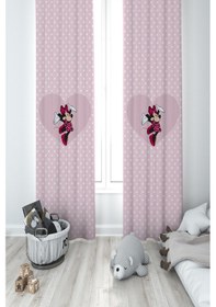 Resim Mekta Home Bebek Ve Çocuk Odası Büyük Kalpli Minnie Mause Ve Puantiyeli 2 Kanat Fon Perde 