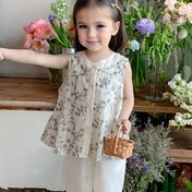 Resim Kızlar için Yazlık Takım Elbise, Vintage Pamuk Keten Oyma Baskılı Kolsuz Üst + Düz Renk Geniş Paça Pantolon ile Mükemmel Dış Mekan İçin 