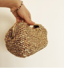 Resim Kemzey Handmade Parlak Tutmalı El Çantaları , El Yapımı Işıltılı Clutch, Örgü El Çantası Altın 