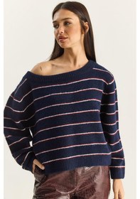 Resim Shade Kadın Bardot Yaka Çizgili Oversize Triko Kazak 2570 60283876 - Lacivert-bordo Çok renkli 
