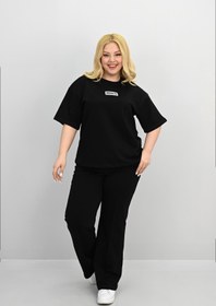 Resim Kadın Büyük Beden Kısa Kollu Etiket Detaylı Bol Paça Eşofman Takımı 8196-25 - XL / Mürdüm 
