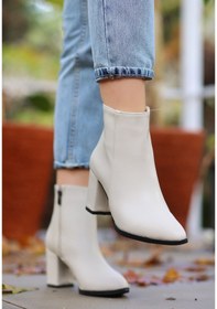 Resim Pabucmarketi Bej Suni Deri Topuklu Kadın Bot Çok Renkli 