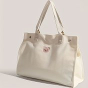 Resim Sevimli Ayı Nakışlı Şık Minimalist Tuval Tote Çanta - Anneler İçin Çok Yönlü Bebek Bezi Çantası, Dayanıklı Polyester, Temel İçin Büyük Kapasiteli Geniş İç Mekan, Taşınabilir Bebek Bezi Çantası 