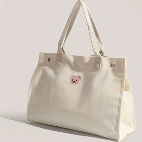 Resim Sevimli Ayı Nakışlı Şık Minimalist Tuval Tote Çanta - Anneler İçin Çok Yönlü Bebek Bezi Çantası, Dayanıklı Polyester, Temel İçin Büyük Kapasiteli Geniş İç Mekan, Taşınabilir Bebek Bezi Çantası 