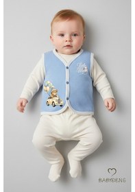Resim Babyden's Erkek Bebek Yelek Pamuklu Çıtçıtlı Elmas Jakarlı Ayıcık Baskılı Yenidoğan Bebek Yeleği Mevsimlik Mavi 