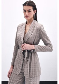 Resim Sateen Kare Desenli Kuşaklı Ceket - Vizon-135790 Vizon 