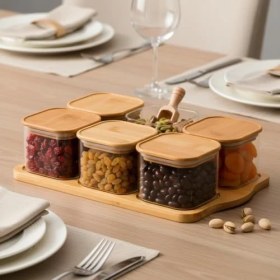 Resim 6'lı Bambu Kapaklı Cam Kahvaltılık ve Kuruyemişlik, 13 Parça Tepsili Çerezlik Seti, Vakumlu Kapak (28CM-19CM-8CM) 
