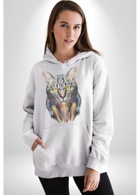 Resim Kulaklık Kedi Kadın Erkek Beyaz Kapüşonlu Sweatshirt Hoodie Beyaz 