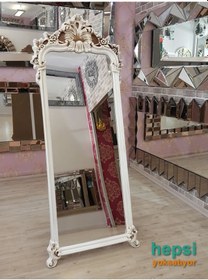 Resim Vintage Madam Model Eskitme Beyaz Renk Varaklı Ayaklı Boy Aynası Beyaz 