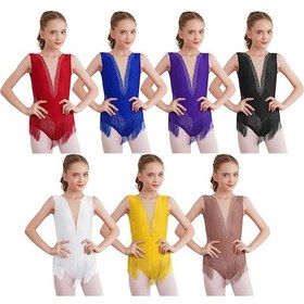 Resim Sarı Çocuk Kız Parlak Artistik Patinaj Kolsuz Leotard Ritmik Jimnastik Saçaklı Bodysuit Sarı 