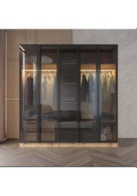 Resim Yıldız Füme Camlı Alimünyum Kapaklı 2 Çekmeceli Giyinme Dolabı Led Askılıklı Tamamı Mdf Safir Meşe 