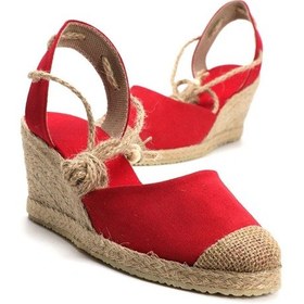 Resim Star Tombis Gerçek Elişi Topuğu Açık Bilekten Bağlamalı Bej Dolgu Topuk Keten Hasır Espadril Handmade Kırmızı 