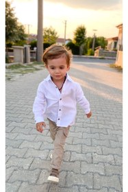 Resim favorimkids Erkek Bebek Beyaz Keten Pamuklu Gömlek 