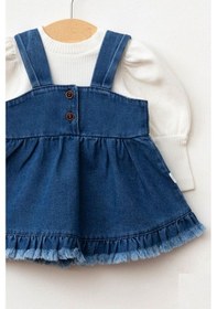 Resim Cantoy Kız Bebek Püsküllü Kot Jile Elbise Balon Bluz Lüks Jean Takım Koyu Mavi 
