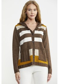 Resim Renk Bloklu Yünlü Düğmeli Triko Ceket - Sütlü Kahve 001 