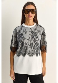Resim Shade Kadın Üstü Dantel Detaylı Oversize Basic T-shirt 1092 60286104 - Beyaz-siyah Beyaz - Siyah 