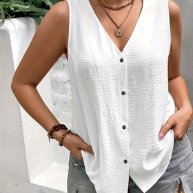 Resim Şık Büyük Beden Kolsuz V Yaka Bluz - Esnek Olmayan Kumaş, Düğme Detayları, Yaz İçin Rahat Kesim, Kadın Modası, Günlük Giyim Bluz | Düğme Detaylı Gömlek | V Yaka Tasarımı 