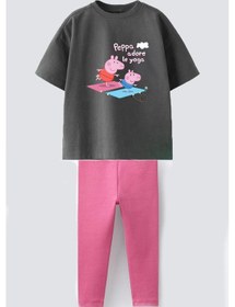 Resim Monila Kız Çocuk Pamuklu Baskılı T-shirt Ve Fitilli Tayt 2'li Takım Antrasit 