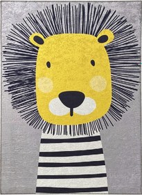 Resim Çocuk Bebek Halısı Sevimli Aslan Desenli Gri Halı Yıkanabilir Kaymaz Taban Gri 