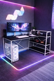 Resim Flinder Raflı Çift Yöne Uygun Oyuncu Masası, Bilgisayar Masası, Gamer Masası, Gaming Masa, L Masa 
