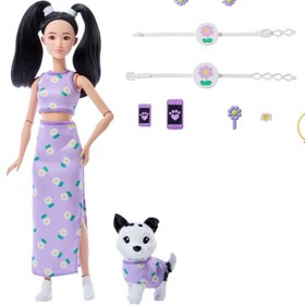 Resim Barbie Uyumlu Dostlar Siyah Saçlı Bebek ve Köpekçiği JFP39 