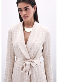 Resim Sateen Kare Desenli Kuşaklı Ceket - Bej-135789 Bej 