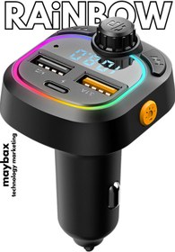 Resim Maybax 5V 3.1A / 5V 1A Rainbow Işıklı Led Ekran MP3 TF+USB+FM Bluetooth Fm Transmitter Type-C Giriş 