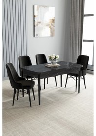 Resim Zümra Serisi, Siyah Mermer Desen 80x132 Açılabilir Mdf Mutfak Masası Takımı 4 Adet Sandalye, Siyah 