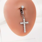 Resim Parlak Rhinestone kolyeli şık gümüş kaplama çapraz navel ringi - Hipoalerjenik bakır, delme gerektirmez, partiler ve hediye için mükemmel 