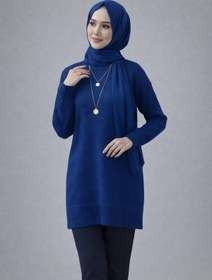 Resim ModaAzen Saks Mavi Bisiklet Yaka Oversize Kadın Triko Tunik 