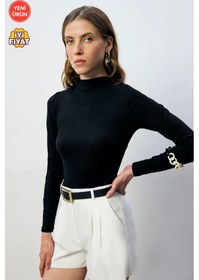 Resim Kadın Çıtçıtlı Dik Yaka Uzun Kollu Basic Body Rahat Fit, Yeni Sezon, Kadın Body Siyah 