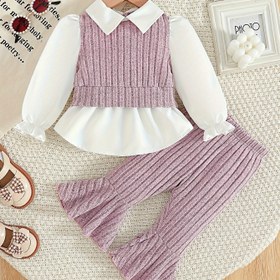 Resim Kızlar İçin İlkbahar ve Sonbahar Kabartmalı Uzun Kollu Gömlek Üstü ile Düz Renk Flare Pantolon Takımı, Dış Mekan Gezileri İçin Mükemmel 