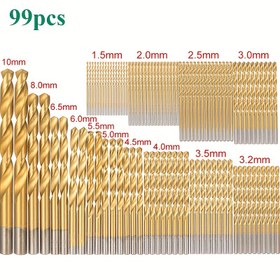 Resim 99 parçalık Titanyum Kaplı Yüksek Hızlı Çelik Matkap Uç Seti - Metal, Ahşap ve Alüminyum için - Çoklu Boyutlar 1-3mm, Dayanıklı Metal Malzeme, Güç Kaynağı Gerekmez 
