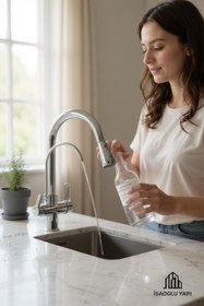 Resim İSAOĞLU YAPI Arıtmalı Spiralli Mutfak Bataryası Silver Gümüş Renk 3 Yollu Batarya Arıtıcılı Musluk 