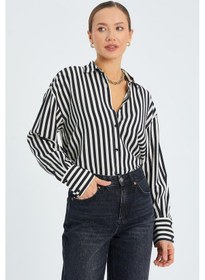 Resim Mixray 4611 Kadın Apolet Detaylı Çizgili Gömlek Siyah 