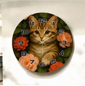 Resim Renkli Baskı Kedi Çiçek Desenli Sayılı Hediyelik Ahşap Sessiz Duvar Saati 50cm ÇOk Renkli 