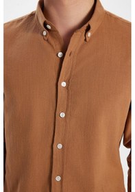 Resim Tudors Erkek Slim Fit Dar Kesim %100 Pamuk Keten Doku Düğmeli Yaka Kahverengi Gömlek-32809 Kahverengi 