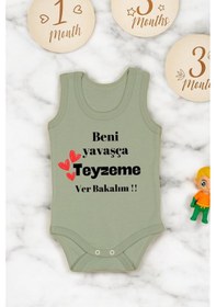 Resim Bebetospik %100 Pamuklu Beni Yavaşça Teyzeme Ver Baskılı Yumuşak Doku Baskılı Zıbın & Body Haki 