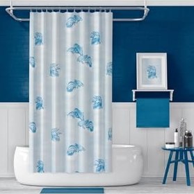 Resim Tropik Home Banyo Perdesi Mavi Yunus Desen Yerli Üretim Duş Perdesi C-Halka Hediye 180x200cm Banyo Perdesi 